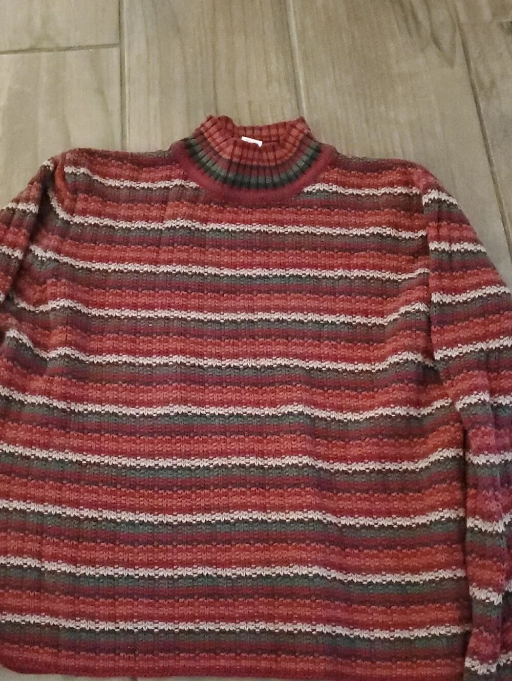 Christopher & Banks Red Striped Turtleneck Sweater with Green and Cream Accents